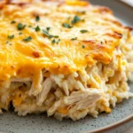 Chicken cheesy rice casserole - the image shows a close-up of a dish on a plate. the dish appears to be a casserole or lasagna, with a layer of shredded chicken on top. the chicken is golden brown and looks crispy on the outside. the top of the dish is covered in melted cheese, which is a bright yellow color, and there are small green herbs scattered throughout. the plate is a light brown color with a speckled pattern. the background is blurred, but it seems to be an indoor setting with a wooden table.