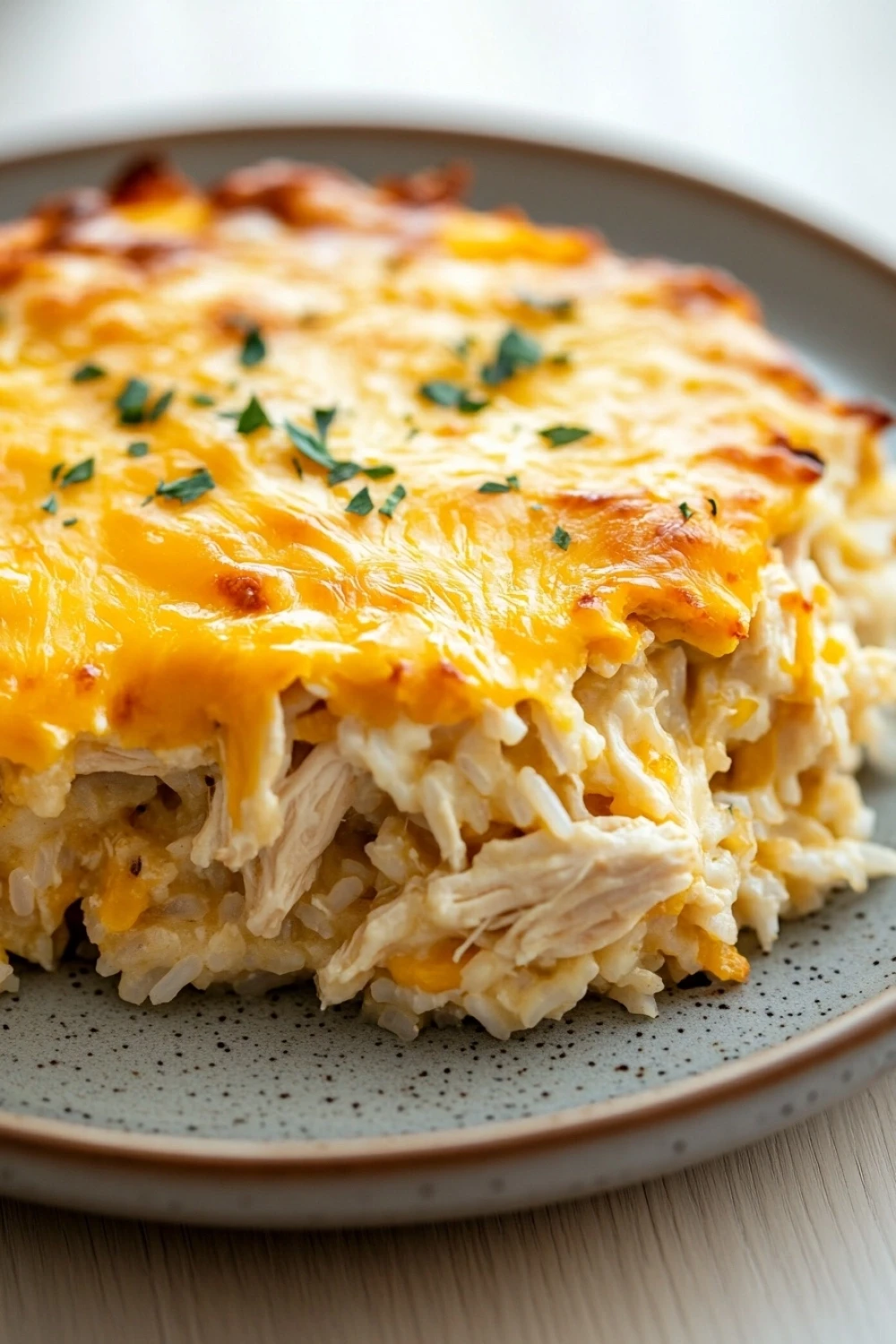 Chicken cheesy rice casserole - the image shows a close-up of a dish on a plate. the dish appears to be a casserole or lasagna, with a layer of shredded chicken on top. the chicken is golden brown and looks crispy on the outside. the top of the dish is covered in melted cheese, which is a bright yellow color, and there are small green herbs scattered throughout. the plate is a light brown color with a speckled pattern. the background is blurred, but it seems to be an indoor setting with a wooden table.