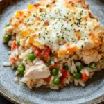 Chicken rice casserole italian dressing - the image shows a plate of food, specifically a casserole dish. the dish appears to be made with rice, peas, and chicken, and is topped with a layer of melted cheese. the cheese is golden brown and bubbly, and there are small flecks of herbs scattered throughout the dish. there are also chunks of chicken and vegetables mixed in with the rice. the plate is made of a light-colored ceramic with a speckled pattern around the edges. the background is a dark grey countertop.