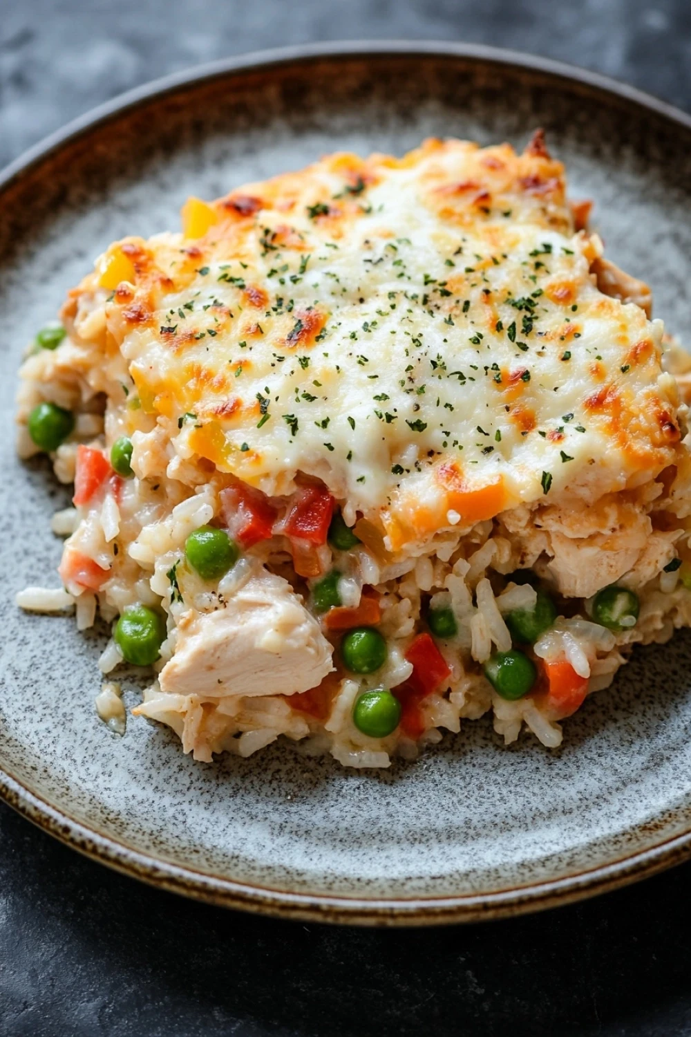 Chicken rice casserole italian dressing - the image shows a plate of food, specifically a casserole dish. the dish appears to be made with rice, peas, and chicken, and is topped with a layer of melted cheese. the cheese is golden brown and bubbly, and there are small flecks of herbs scattered throughout the dish. there are also chunks of chicken and vegetables mixed in with the rice. the plate is made of a light-colored ceramic with a speckled pattern around the edges. the background is a dark grey countertop.