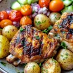Chicken thigh dinner summer - the image is a close-up of a plate of food. the plate is made of ceramic and has a brown rim. on the plate, there are two pieces of grilled chicken, which appears to be seasoned with herbs and spices. the chicken is golden brown and looks crispy on the outside. next to the chicken, there is a bed of diced tomatoes, cucumbers, and red onions. there are also a few small potatoes scattered around the plate. the background is blurred, but it seems to be a wooden table.