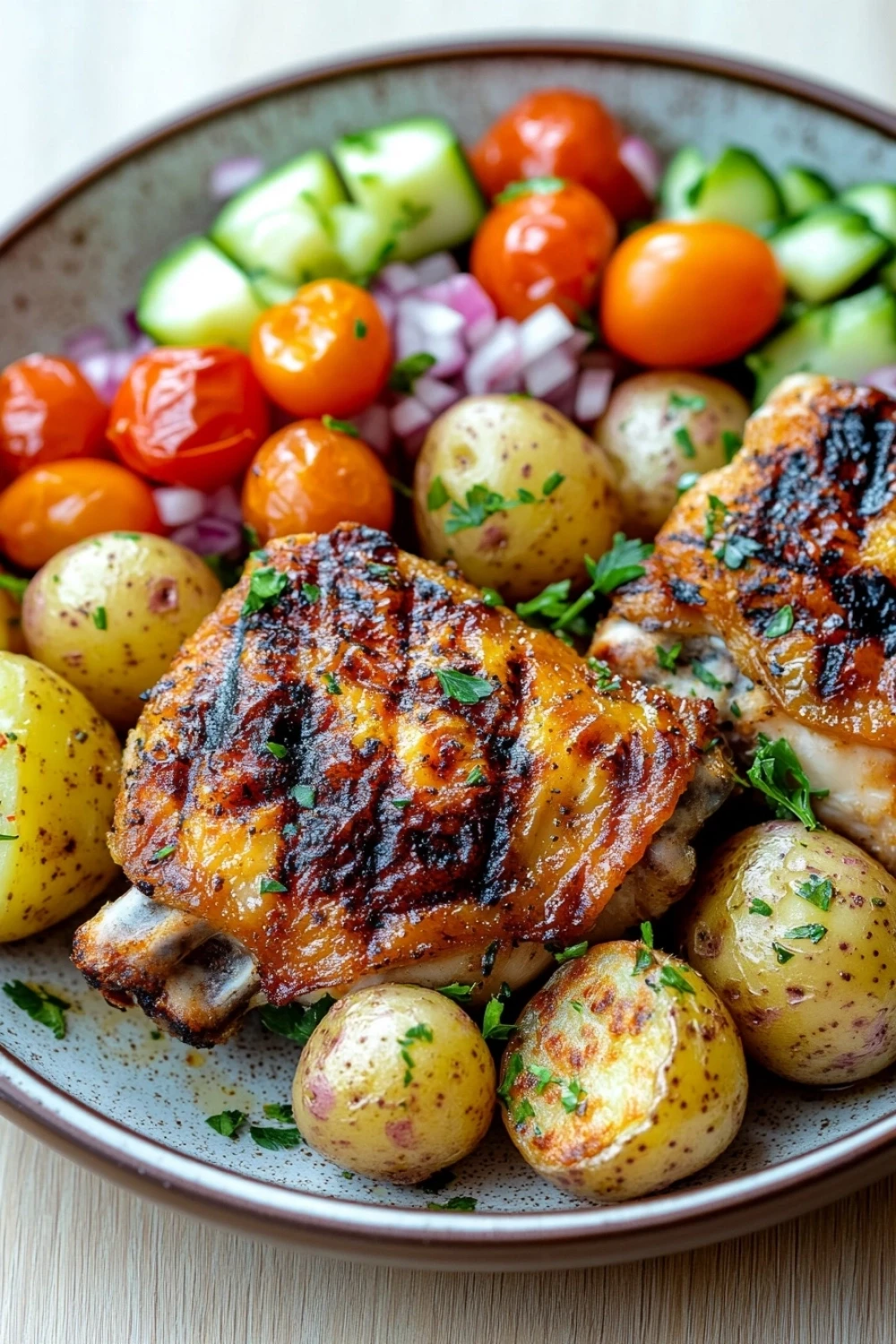 Chicken thigh dinner summer - the image is a close-up of a plate of food. the plate is made of ceramic and has a brown rim. on the plate, there are two pieces of grilled chicken, which appears to be seasoned with herbs and spices. the chicken is golden brown and looks crispy on the outside. next to the chicken, there is a bed of diced tomatoes, cucumbers, and red onions. there are also a few small potatoes scattered around the plate. the background is blurred, but it seems to be a wooden table.