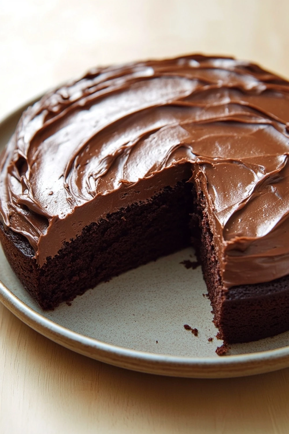 Chocolate cake for kids - the image is of a chocolate cake on a white plate. the cake has a round shape and is covered in a thick layer of chocolate frosting. the frosting is swirled in a zigzag pattern and appears to be smooth and glossy. a slice of the cake is cut out of the plate, revealing the moist, chocolate cake inside. the plate is sitting on a wooden table.