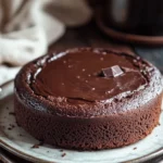 Chocolate cake photography - the image shows a round chocolate cake on a white plate. the cake is covered in a thick layer of chocolate frosting and has a small chocolate bar on top. the plate is placed on a wooden table with a white cloth napkin and a teapot in the background. the overall mood of the image is rustic and cozy.