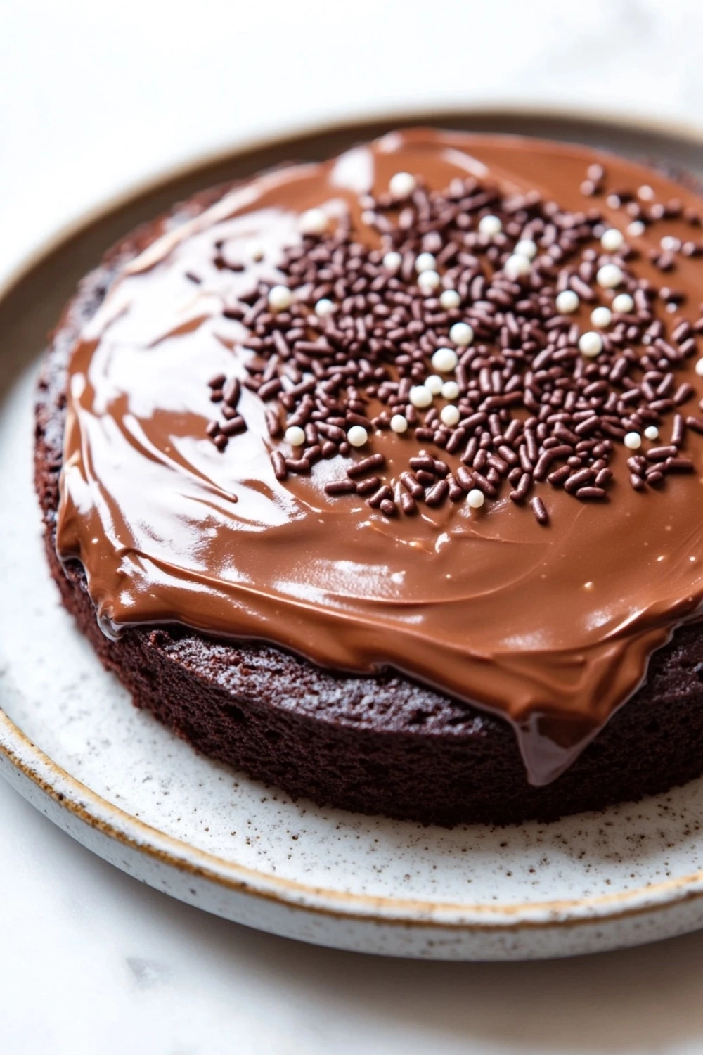 Chocolate cake toppings - the image is of a round chocolate cake on a white plate. the cake is covered in a thick layer of chocolate ganache, which is drizzled over the top of the cake. there are small white sprinkles scattered around the cake, adding a pop of color to the dish. the plate has a speckled pattern around the edges. the background is a plain white surface.