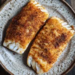 Como fazer tilapia na air fryer - the image shows two pieces of fish fillets on a white plate with a speckled pattern. the fillets are golden brown and appear to be seasoned with herbs and spices. the plate is placed on a wooden table with a rustic background. the fish fillet on the left is slightly larger than the one on the right, and they are arranged in a way that they are overlapping each other. the seasoning on top of the fillets looks like it has been seasoned with spices, giving them a golden-brown color.