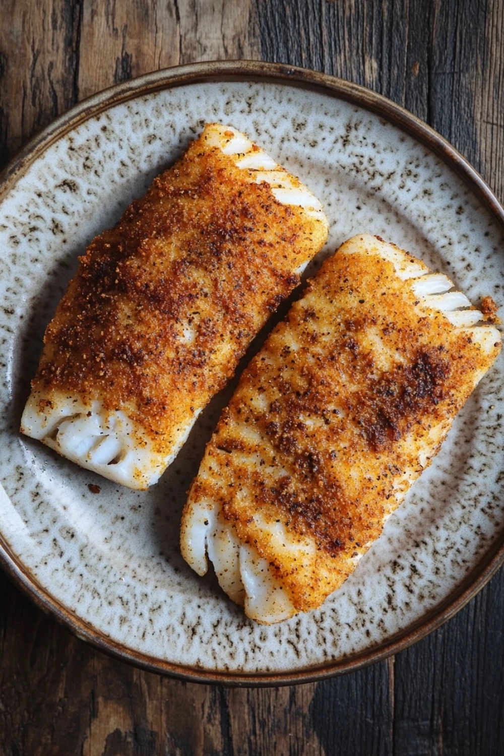 Como fazer tilapia na air fryer - the image shows two pieces of fish fillets on a white plate with a speckled pattern. the fillets are golden brown and appear to be seasoned with herbs and spices. the plate is placed on a wooden table with a rustic background. the fish fillet on the left is slightly larger than the one on the right, and they are arranged in a way that they are overlapping each other. the seasoning on top of the fillets looks like it has been seasoned with spices, giving them a golden-brown color.