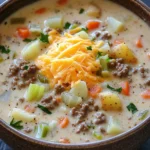 Creamy slow cooker cheeseburger soup - the image is a close-up of a bowl of soup. the soup appears to be a creamy white color with chunks of meat and vegetables mixed in. on top of the soup, there is a generous amount of shredded cheese. the bowl is brown and has a handle on one side. the background is a dark blue tablecloth.