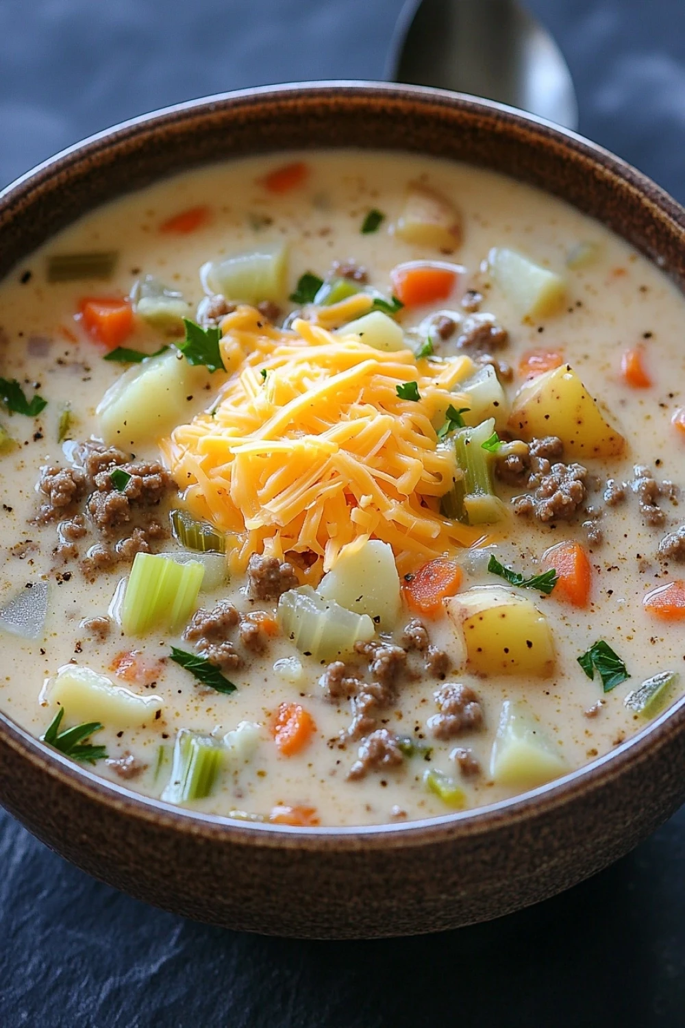 Creamy slow cooker cheeseburger soup - the image is a close-up of a bowl of soup. the soup appears to be a creamy white color with chunks of meat and vegetables mixed in. on top of the soup, there is a generous amount of shredded cheese. the bowl is brown and has a handle on one side. the background is a dark blue tablecloth.