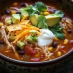 Crock pot chicken tortilla soup - the image is a close-up of a bowl of chili. the bowl is made of ceramic and has a dark brown color. the chili is a rich orange color and appears to be thick and creamy. it is topped with shredded chicken, diced avocado, black beans, corn kernels, and shredded cheese. there is also a dollop of sour cream on top of the chili. a sprig of cilantro is scattered around the bowl. the background is blurred, but it seems to be a wooden table or countertop.