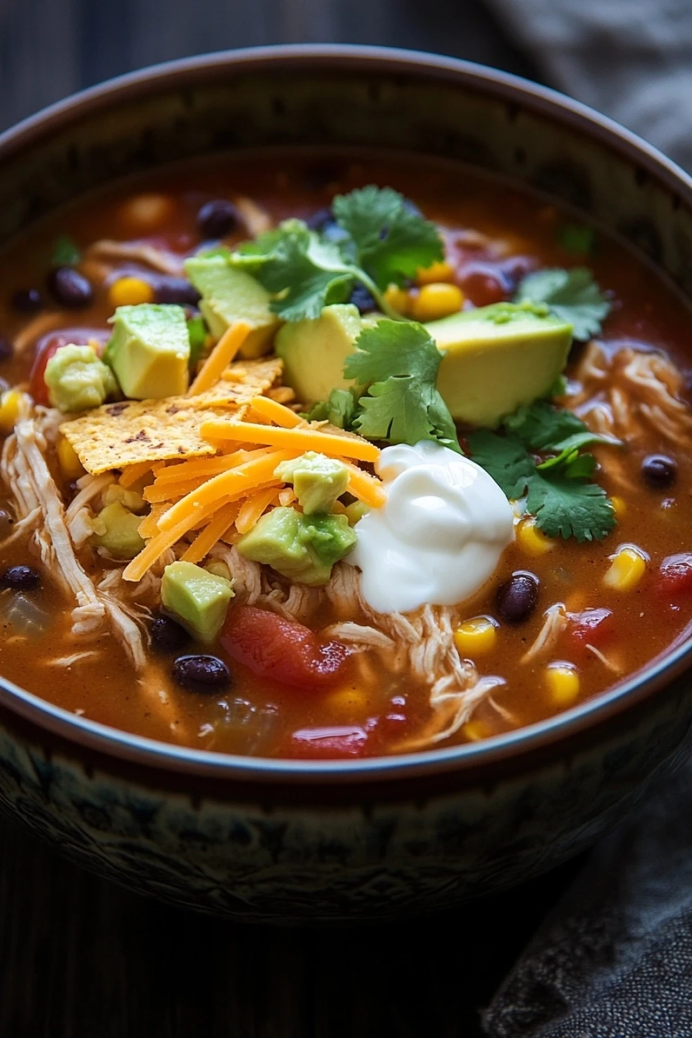 Crock pot chicken tortilla soup - the image is a close-up of a bowl of chili. the bowl is made of ceramic and has a dark brown color. the chili is a rich orange color and appears to be thick and creamy. it is topped with shredded chicken, diced avocado, black beans, corn kernels, and shredded cheese. there is also a dollop of sour cream on top of the chili. a sprig of cilantro is scattered around the bowl. the background is blurred, but it seems to be a wooden table or countertop.