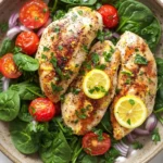 Eating well weeknight lemon chicken skillet dinner - the image is a close-up of a plate of food. the plate is made of a light-colored ceramic bowl and is placed on a white marble countertop. on top of the salad, there are two pieces of grilled chicken breasts that are golden brown and appear to be seasoned with herbs and spices. the chicken is garnished with sliced lemons and red onions. the salad is made up of fresh spinach leaves, cherry tomatoes, and red onion slices. the overall color scheme of the dish is vibrant and appetizing.