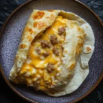 Freezer breakfast rolls - the image shows a close-up of a quesadilla on a brown plate. the quesads are golden brown and appear to be freshly baked. they are filled with melted cheese and sausage, and the cheese is a bright yellow color. the plate is sitting on a dark, textured surface, possibly a table or countertop. the overall mood of the image is warm and inviting.