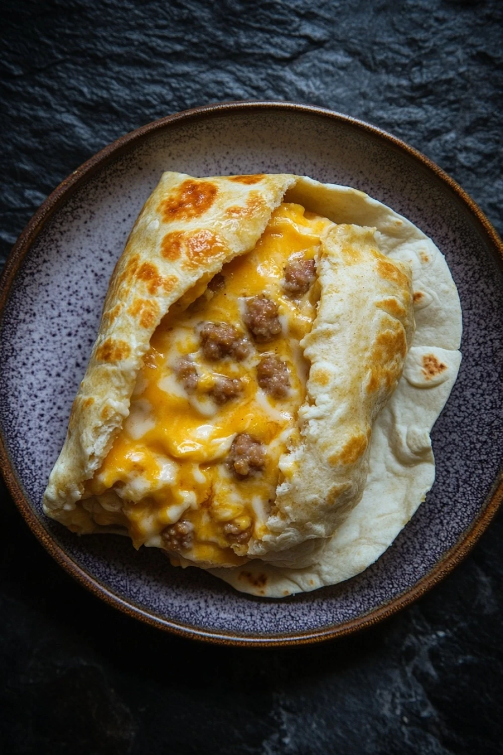 Freezer breakfast rolls - the image shows a close-up of a quesadilla on a brown plate. the quesads are golden brown and appear to be freshly baked. they are filled with melted cheese and sausage, and the cheese is a bright yellow color. the plate is sitting on a dark, textured surface, possibly a table or countertop. the overall mood of the image is warm and inviting.