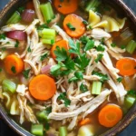 Freezer chicken soup - the image is a close-up of a bowl of soup. the soup appears to be made with chicken, carrots, celery, and other vegetables. the bowl is made of ceramic and has a dark brown color. the broth is thick and creamy, and the vegetables are bright orange and green. there are also chunks of chicken and celery scattered throughout the soup, and a sprig of parsley is visible on top. the background is a dark grey countertop.