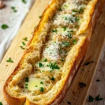 Garlic bread aesthetic - the image shows a long loaf of bread on a wooden cutting board. the bread appears to be freshly baked and has a golden brown crust. on top of the bread, there is a layer of melted cheese and a sprinkle of chopped parsley. the cutting board is placed on a white tablecloth with a few sprigs of parsley scattered around. in the background, there are a few garlic cloves and a small bowl of green herbs. the overall aesthetic of the image is rustic and appetizing.