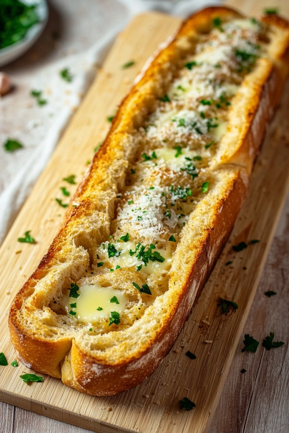 Garlic bread aesthetic - the image shows a long loaf of bread on a wooden cutting board. the bread appears to be freshly baked and has a golden brown crust. on top of the bread, there is a layer of melted cheese and a sprinkle of chopped parsley. the cutting board is placed on a white tablecloth with a few sprigs of parsley scattered around. in the background, there are a few garlic cloves and a small bowl of green herbs. the overall aesthetic of the image is rustic and appetizing.