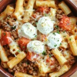 Ground beef casserole pasta - the image shows a bowl of penne pasta dish. the pasta is cooked al dente and is topped with a generous amount of ground beef, tomato sauce, and a dollop of sour cream. the dish is garnished with chopped parsley and grated parmesan cheese. the bowl is made of ceramic and is sitting on a wooden cutting board. the background is blurred, but it appears to be a kitchen countertop.