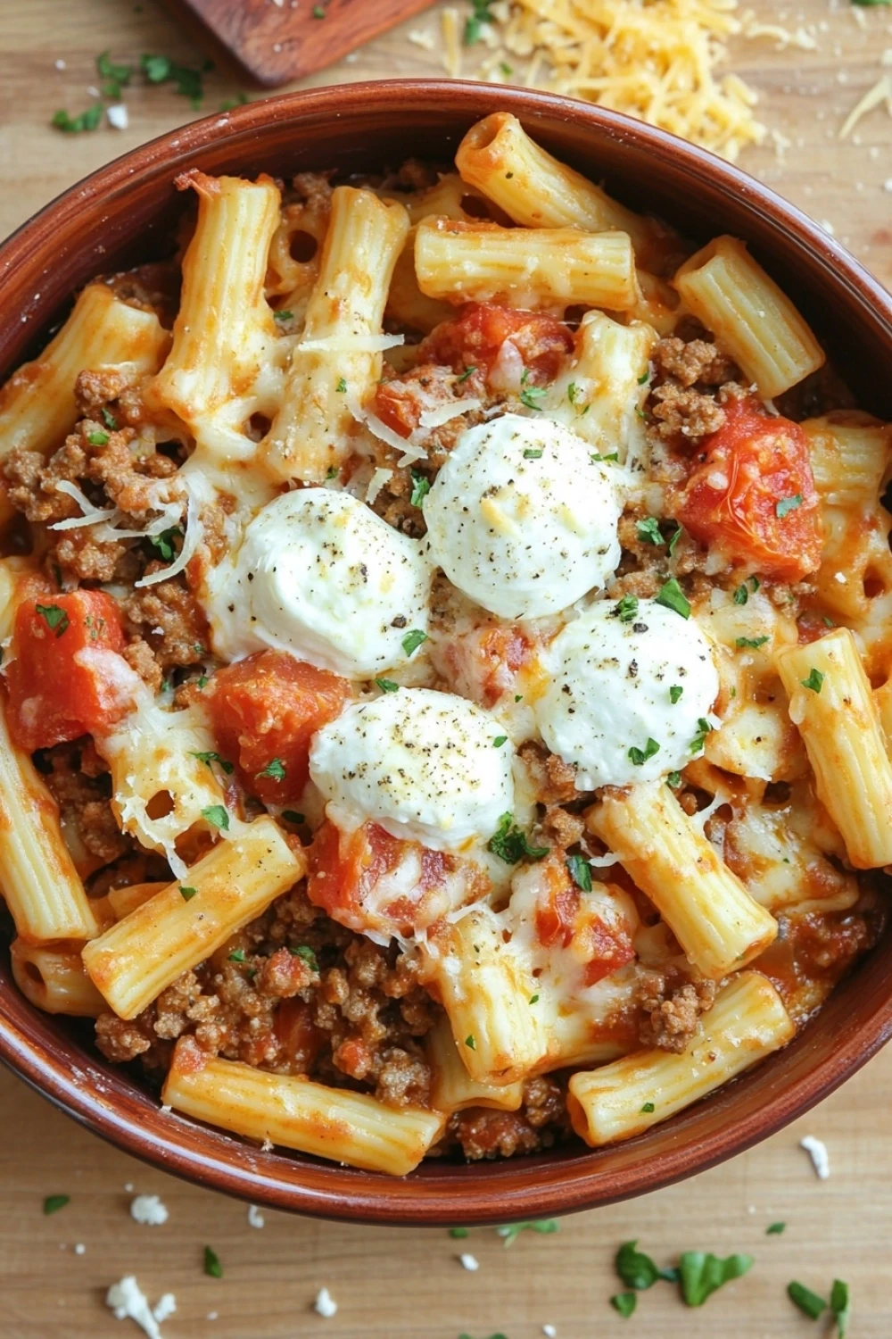 Ground beef casserole pasta - the image shows a bowl of penne pasta dish. the pasta is cooked al dente and is topped with a generous amount of ground beef, tomato sauce, and a dollop of sour cream. the dish is garnished with chopped parsley and grated parmesan cheese. the bowl is made of ceramic and is sitting on a wooden cutting board. the background is blurred, but it appears to be a kitchen countertop.