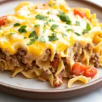 Ground beef casserole with noodles - the image shows a plate of lasagna on a white tablecloth. the lasagna is made with fettuccine noodles, ground beef, and tomato sauce. the top of the lasagna has melted cheese and garnished with fresh parsley. the plate is brown and round, and the dish looks freshly cooked and ready to eat.