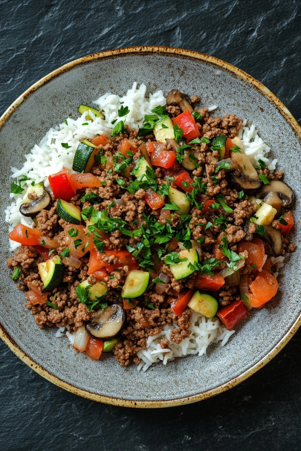 Ground beef dinner no dairy - the image is a close-up of a bowl of food. the bowl is made of ceramic and has a brown rim. the food in the bowl appears to be a dish made with ground beef, sliced vegetables, and mushrooms. the vegetables include zucchini, carrots, and bell peppers. the rice is white and fluffy, and the dish is garnished with chopped parsley. the background is a dark grey textured surface.