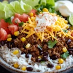 Ground beef taco rice bowls - the image is a close-up of a plate of food. the plate is made of ceramic and has a dark brown color. on top of the plate, there is a bed of white rice with chunks of ground beef, black beans, corn kernels, and diced tomatoes scattered throughout. there are also chunks of lettuce and a dollop of sour cream on top. the dish is garnished with cilantro and lime wedges. the background is blurred, but it appears to be a kitchen countertop.