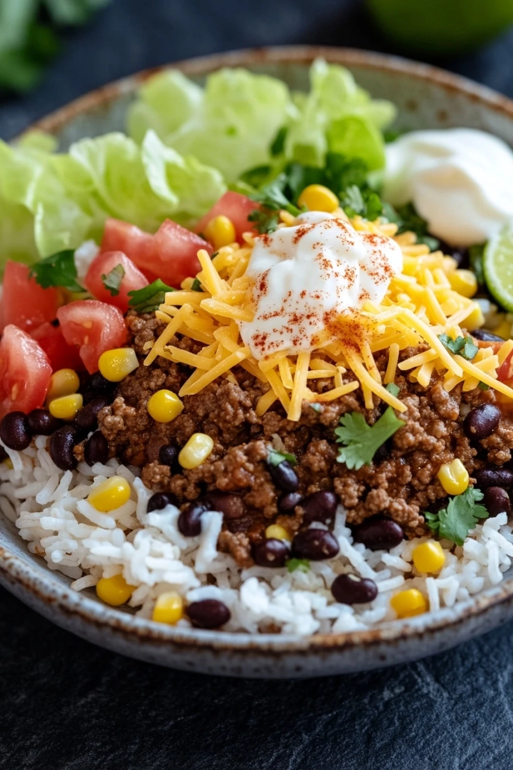 Ground beef taco rice bowls - the image is a close-up of a plate of food. the plate is made of ceramic and has a dark brown color. on top of the plate, there is a bed of white rice with chunks of ground beef, black beans, corn kernels, and diced tomatoes scattered throughout. there are also chunks of lettuce and a dollop of sour cream on top. the dish is garnished with cilantro and lime wedges. the background is blurred, but it appears to be a kitchen countertop.