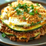 Ground beef zucchini casserole zesty - the image shows a close-up of a layered dish on a brown plate. the dish appears to be a zucchini lasagna, with layers of ground beef, zucchinis, and a fried egg on top. the top layer is covered in a golden-brown crumbly topping, which is sprinkled with chopped parsley. the plate is sitting on a dark countertop, and there are a few sprigs of parsley scattered around the plate.