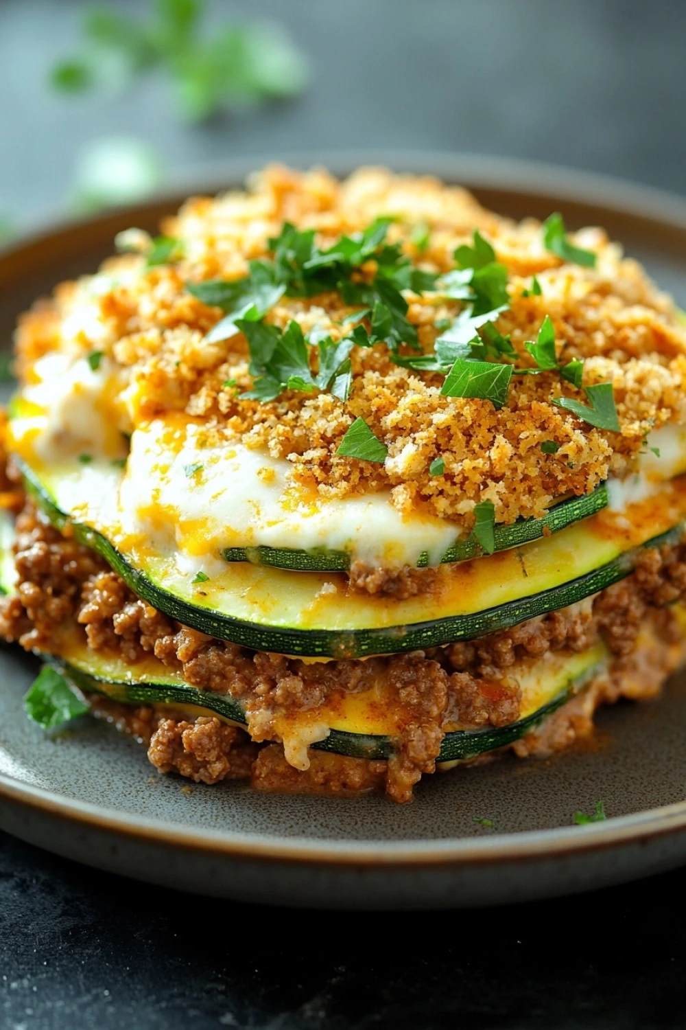 Ground beef zucchini casserole zesty - the image shows a close-up of a layered dish on a brown plate. the dish appears to be a zucchini lasagna, with layers of ground beef, zucchinis, and a fried egg on top. the top layer is covered in a golden-brown crumbly topping, which is sprinkled with chopped parsley. the plate is sitting on a dark countertop, and there are a few sprigs of parsley scattered around the plate.