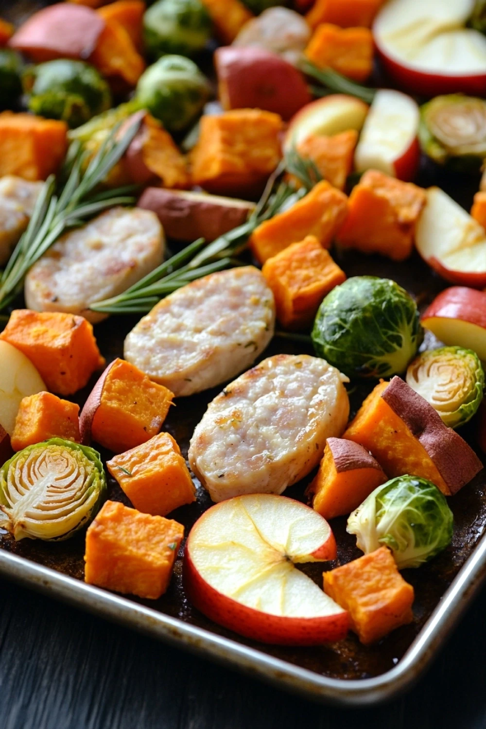 Harvest chicken sausage sheet pan - the image shows a tray of roasted vegetables on a black table. the vegetables are arranged in a circular pattern on the tray, with some overlapping each other. on top of the vegetables, there are roasted sweet potatoes, brussels sprouts, apples, and rosemary sprigs. in the center of the tray is a piece of cooked chicken, which appears to be seasoned with herbs and spices. the chicken is golden brown and looks crispy on the outside. the brussel sprouts are cut into small cubes and are arranged around the chicken, while the apples are sliced into thin slices. the rosemary is a light green color and is placed on top of each other, adding a pop of color to the dish.