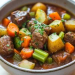 High protein beef stew meat - the image is a close-up of a bowl of beef stew. the stew is made with chunks of beef, potatoes, carrots, celery, and herbs. the beef is cooked in a rich, dark brown broth and is garnished with chopped parsley. the potatoes are yellow and appear to be seasoned with herbs and spices. the carrots are bright orange and the celery is a vibrant green. the bowl is sitting on a wooden table.
