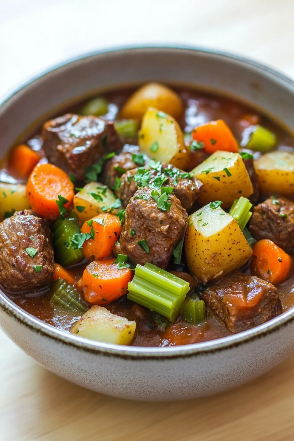 High protein beef stew meat - the image is a close-up of a bowl of beef stew. the stew is made with chunks of beef, potatoes, carrots, celery, and herbs. the beef is cooked in a rich, dark brown broth and is garnished with chopped parsley. the potatoes are yellow and appear to be seasoned with herbs and spices. the carrots are bright orange and the celery is a vibrant green. the bowl is sitting on a wooden table.