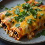 High protein chicken enchiladas - the image shows a plate of enchiladas on a dark grey plate. the enchillas are covered in melted cheese and garnished with fresh cilantro. the cheese is golden brown and appears to be melted and bubbly. there are also chunks of black beans scattered throughout the enchiles. the plate is sitting on a wooden table with a dark background.