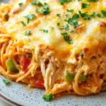 Irresistible spicy southern cheesy chicken spaghetti casserole - the image shows a plate of spaghetti with a layer of melted cheese on top. the spaghetti appears to be cooked al dente and has a golden brown color. the cheese is melted and bubbly, and there are small chunks of chicken and vegetables scattered throughout the dish. the dish is garnished with fresh parsley. the plate is white with a speckled pattern and is sitting on a wooden table.