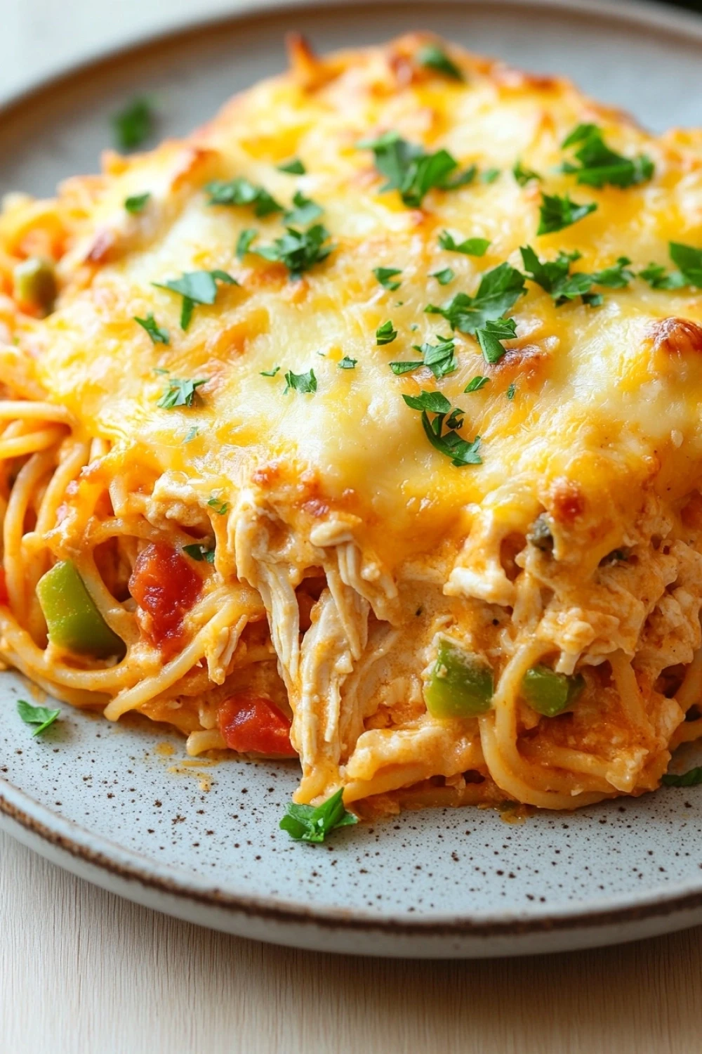 Irresistible spicy southern cheesy chicken spaghetti casserole - the image shows a plate of spaghetti with a layer of melted cheese on top. the spaghetti appears to be cooked al dente and has a golden brown color. the cheese is melted and bubbly, and there are small chunks of chicken and vegetables scattered throughout the dish. the dish is garnished with fresh parsley. the plate is white with a speckled pattern and is sitting on a wooden table.