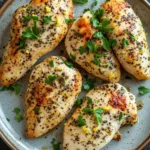 Lemon pepper chicken in skillet - the image shows four pieces of grilled chicken breasts on a blue and white plate. the chicken breasts are golden brown and appear to be seasoned with herbs and spices. they are arranged in a circular pattern on the plate, with some overlapping each other. the plate is garnished with a sprig of fresh parsley. the background is a dark grey countertop.