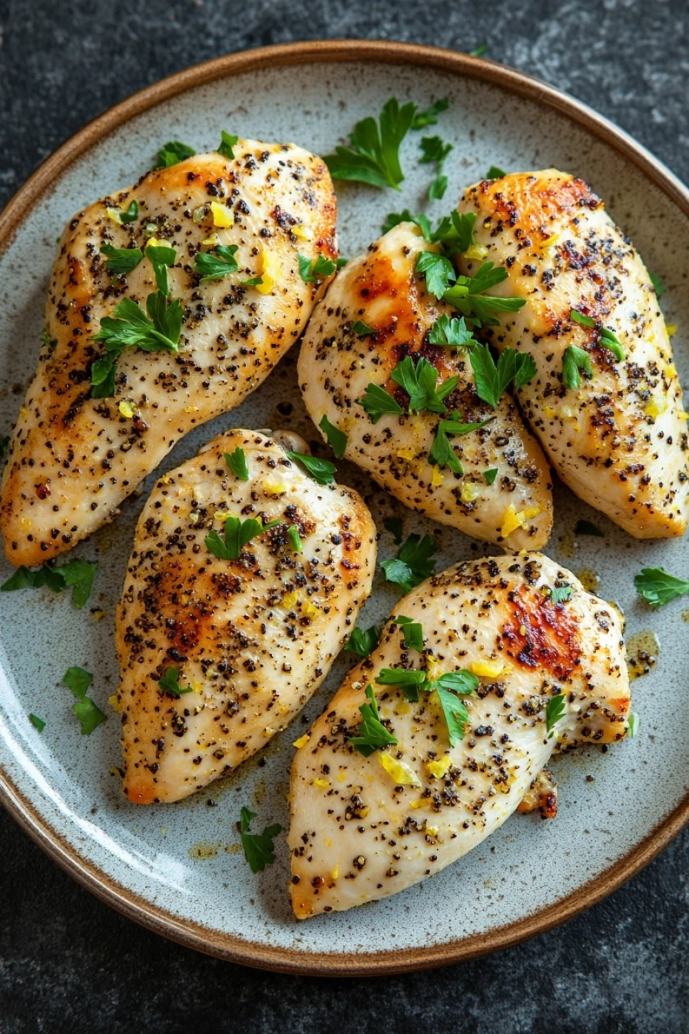 Lemon pepper chicken in skillet - the image shows four pieces of grilled chicken breasts on a blue and white plate. the chicken breasts are golden brown and appear to be seasoned with herbs and spices. they are arranged in a circular pattern on the plate, with some overlapping each other. the plate is garnished with a sprig of fresh parsley. the background is a dark grey countertop.