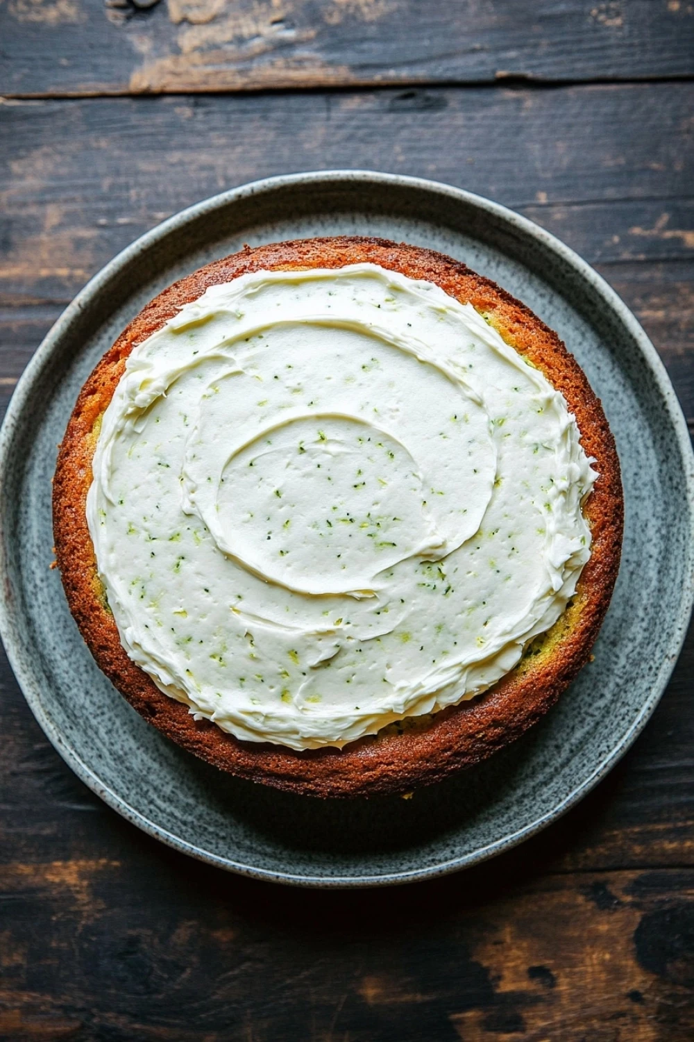 Lemon zucchini cake with cream cheese frosting - the image is of a round cake on a blue plate. the cake appears to be freshly baked and has a golden brown crust. on top of the cake, there is a generous layer of white frosting that is spread evenly across the cake. the frosting has small green herbs sprinkled on top, adding a pop of color to the dish. the plate is placed on a wooden table with a rustic texture.