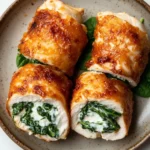 Low calorie chicken roll ups - the image shows a plate with four pieces of stuffed chicken breasts. the chicken breasts are golden brown and appear to be crispy on the outside. they are filled with a creamy white sauce and garnished with fresh spinach leaves. the plate is round and has a light brown rim. the background is a white marble countertop.