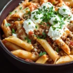 Make ahead dinners pasta - the image shows a bowl of penne pasta dish. the pasta is cooked al dente and is topped with a generous amount of ground beef and a dollop of sour cream. the dish is garnished with fresh parsley and there are a few pieces of parmesan cheese scattered around the bowl. the bowl is made of dark brown ceramic and is sitting on a dark wooden table. the background is blurred, but it appears to be a kitchen countertop.