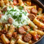 Make ahead italian sausage and pasta bake - the image shows a bowl of penne pasta with sausage and tomato sauce. the pasta is cooked al dente and is topped with melted cheese and fresh parsley. the dish is served in a brown ceramic bowl and is sitting on a wooden table. there are also some garlic cloves and a sprig of parsley scattered around the bowl. the background is blurred, but it appears to be a kitchen countertop.