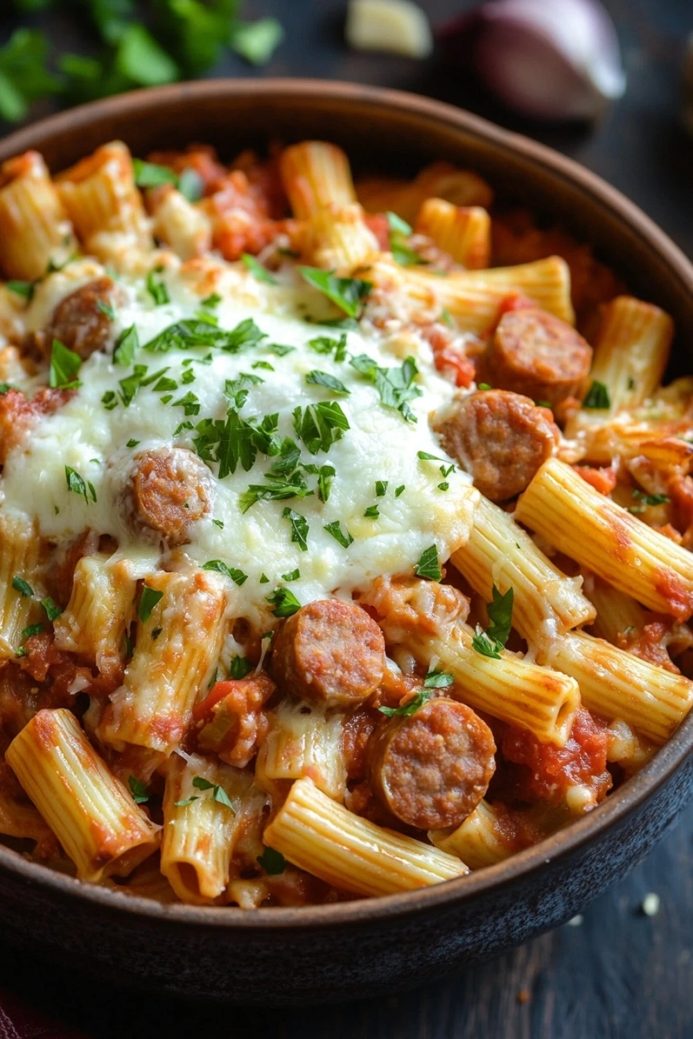 Make ahead italian sausage and pasta bake - the image shows a bowl of penne pasta with sausage and tomato sauce. the pasta is cooked al dente and is topped with melted cheese and fresh parsley. the dish is served in a brown ceramic bowl and is sitting on a wooden table. there are also some garlic cloves and a sprig of parsley scattered around the bowl. the background is blurred, but it appears to be a kitchen countertop.
