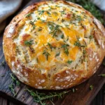 No knead cheesy herb bread - the image shows a round loaf of bread on a wooden cutting board. the bread appears to be freshly baked and has a golden brown crust. on top of the bread, there is a layer of melted cheese, which is golden brown and bubbly. the cheese is spread evenly over the bread and is garnished with fresh rosemary sprigs. the cutting board is placed on a rustic wooden table with a white cloth napkin in the background. the overall mood of the image is warm and inviting.