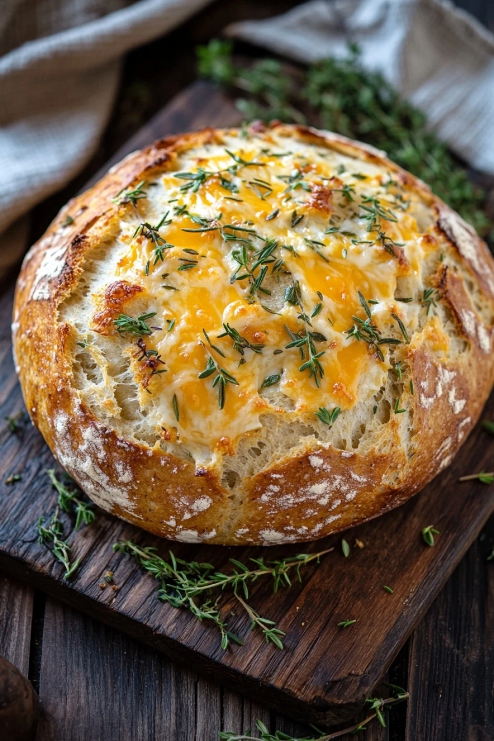 No knead cheesy herb bread - the image shows a round loaf of bread on a wooden cutting board. the bread appears to be freshly baked and has a golden brown crust. on top of the bread, there is a layer of melted cheese, which is golden brown and bubbly. the cheese is spread evenly over the bread and is garnished with fresh rosemary sprigs. the cutting board is placed on a rustic wooden table with a white cloth napkin in the background. the overall mood of the image is warm and inviting.