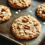 Oatmeal banana cookie - the image shows a baking tray lined with freshly baked oatmeal cookies. the cookies are golden brown and have a crumbly texture. they are topped with chopped pecans, giving them a crunchy appearance. the tray is placed on a dark wooden table, and there are a few more cookies visible in the background. the overall mood of the image is warm and inviting.