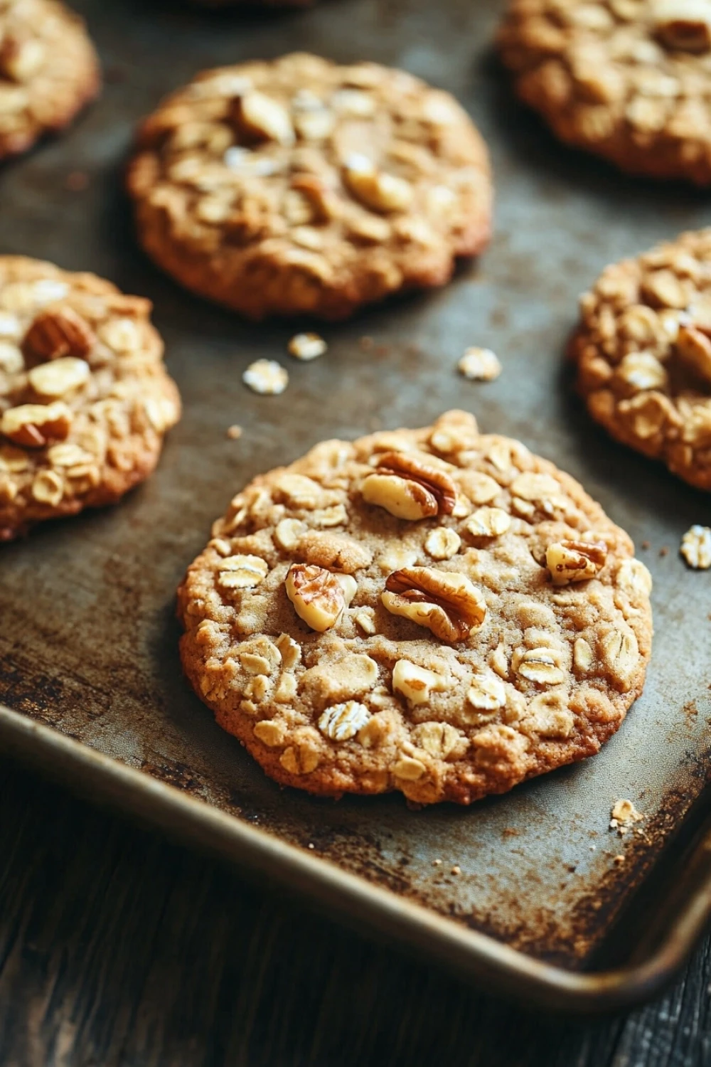 Oatmeal banana cookie - the image shows a baking tray lined with freshly baked oatmeal cookies. the cookies are golden brown and have a crumbly texture. they are topped with chopped pecans, giving them a crunchy appearance. the tray is placed on a dark wooden table, and there are a few more cookies visible in the background. the overall mood of the image is warm and inviting.