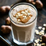 Oatmeal cookie protein shake - the image shows a glass of a smoothie on a black tray. the smoothie is a light brown color and has a creamy texture. on top of the smoothie, there is a generous amount of oats sprinkled on top. there are also a few whole peanuts scattered around the tray, adding a pop of color to the image. the background is blurred, but it appears to be a wooden table.