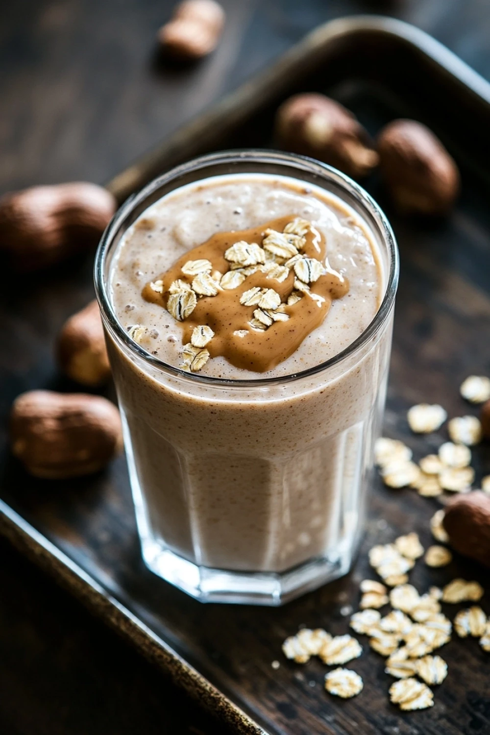 Oatmeal cookie protein shake - the image shows a glass of a smoothie on a black tray. the smoothie is a light brown color and has a creamy texture. on top of the smoothie, there is a generous amount of oats sprinkled on top. there are also a few whole peanuts scattered around the tray, adding a pop of color to the image. the background is blurred, but it appears to be a wooden table.