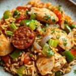 One pot chicken and sausage jambalaya - the image is a close-up of a plate of food. the plate is white with a blue rim and is placed on a wooden table. the food appears to be a dish made with rice, chicken, sausage, and vegetables. the rice is brown and fluffy, and the vegetables are bright green and red. there are also chunks of chicken and sausage scattered throughout the dish. the dish is garnished with chopped parsley. the overall color scheme of the dish is warm and inviting.
