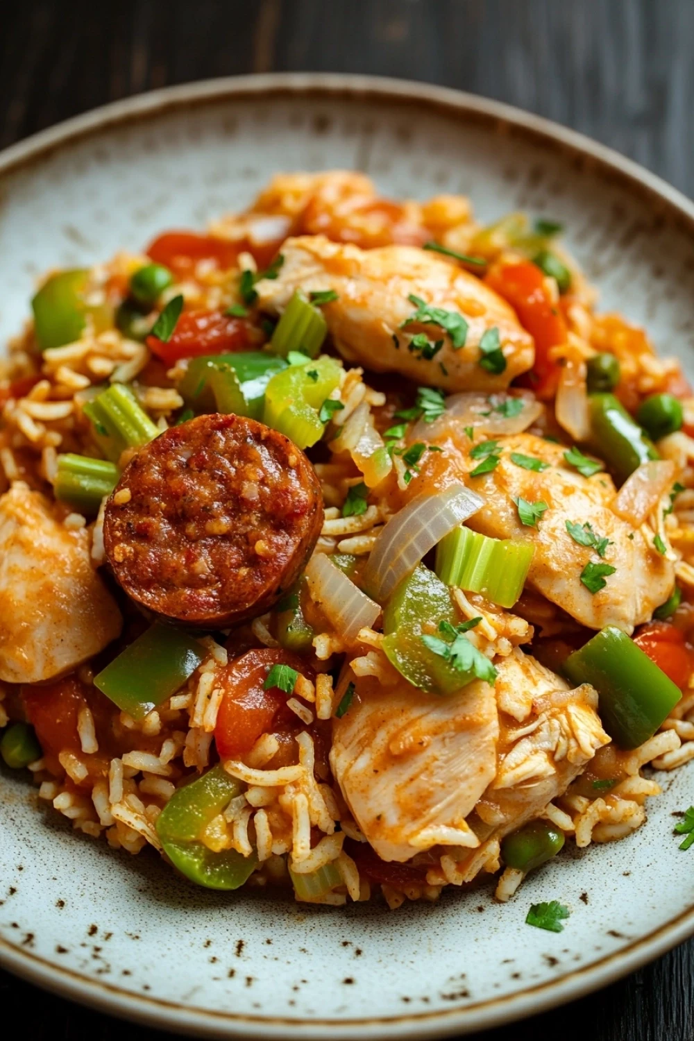 One pot chicken and sausage jambalaya - the image is a close-up of a plate of food. the plate is white with a blue rim and is placed on a wooden table. the food appears to be a dish made with rice, chicken, sausage, and vegetables. the rice is brown and fluffy, and the vegetables are bright green and red. there are also chunks of chicken and sausage scattered throughout the dish. the dish is garnished with chopped parsley. the overall color scheme of the dish is warm and inviting.